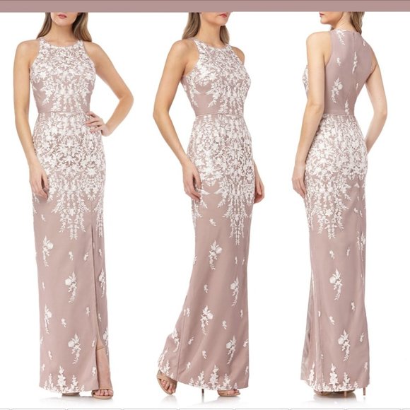 NWT $288 JS Collections [ 14 ] Floral Embroidered Mesh Gown in Blush/Ivory #Q260